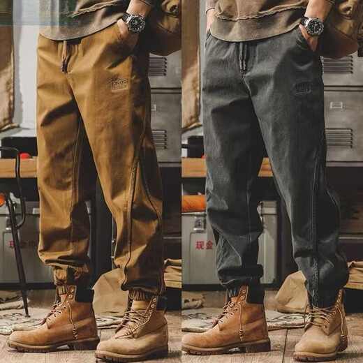 American high-end British overalls, trendy brand men's ankle-tied spring and autumn loose large size handsome retro casual pants, camel + black, two-piece set, regular 3XL, recommended 160-180Jin Jin is equal to 0.5 kg