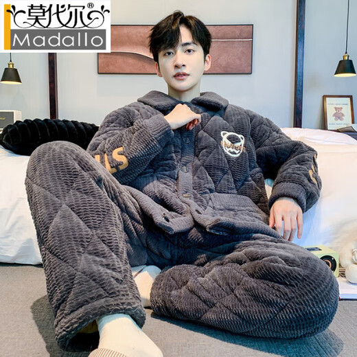 Modal coral velvet pajamas for men in winter plus velvet thickened three-layer cotton spring and autumn home clothes men 2025 warm-keeping suit PMQ three-layer cotton-men 13063 L