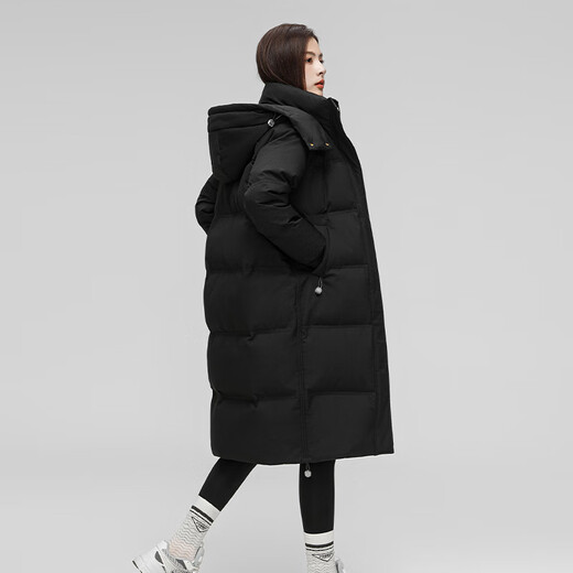 Flying in the Snow Down Jacket Women's Mid-Length 90 Velvet 25 Winter Over-the-Knee Solid Color Loose Fashion Hooded Casual Thick Jacket Black M