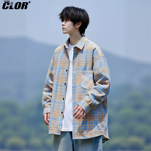 CLOR plaid long-sleeved shirt men's autumn ins loose casual shirt American retro jacket CLCX10 yellow XL