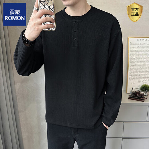 ROMON Henley collar long-sleeved T-shirt for men 2025 new spring and autumn style autumn coat button solid color inner layering shirt sweatshirt for men Gray Apricot M 90-115Jin Jin is equal to 0.5 kg
