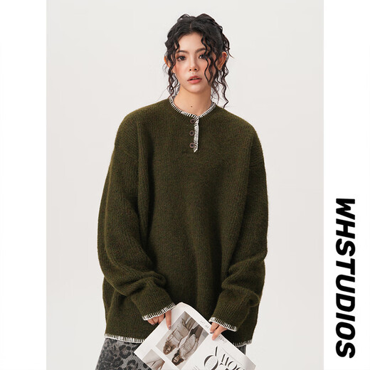 QGF design Henry collar sweater sweater for women and men in autumn and winter retro niche loose pullover sweater couple cardigan green M recommended 90-110Jin Jin equals 0.5 kg