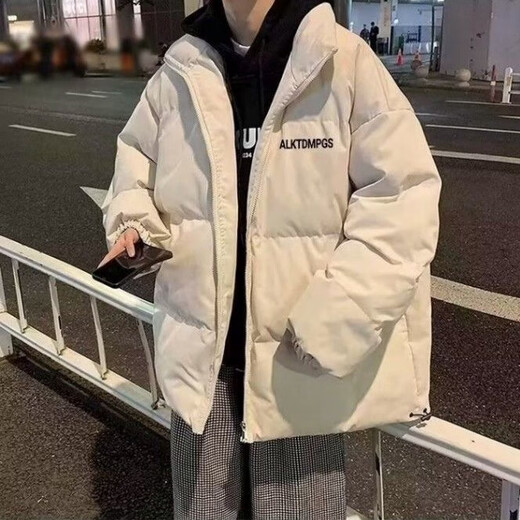 Huazhenmian (HUAZHENMIAN) cotton coat men's autumn and winter style trendy brand students loose thickened warm cotton coat boys bread cotton jacket wear cotton coat apricot + velvet sweatshirt black + pants black M