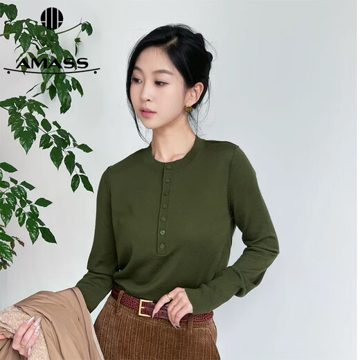 AMASS Classic Simple Casual Comfortable Breasted Henley Long Sleeve Round Neck Sweater 538102 Green M (size 3)