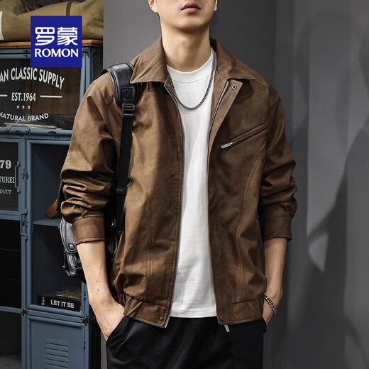 Romon Jacket Men's 2025 Autumn and Winter Maillard Retro Leather Jacket Cotton Thickened American Casual Handsome Leather Jacket Brown M (Suitable weight 110-130 Jin Jin equals 0.5 kg)