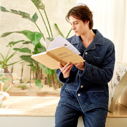 American Standard winter three-layer thickened and warm women's woven quilted couple's pajamas men's suit home clothes gray blue L