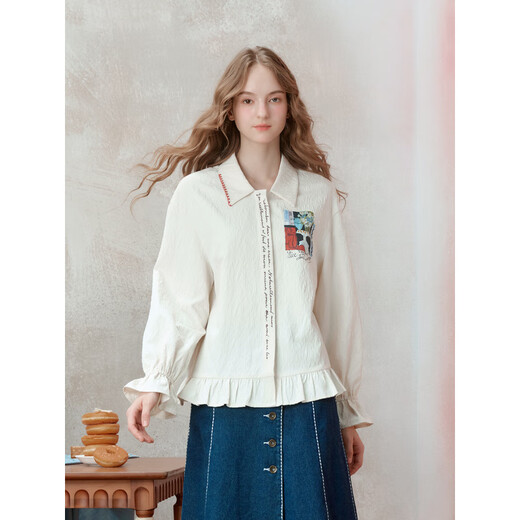 Two or three things chasing the wind diary 2025 winter new style literary style ruffle hem embroidered placket printed shirt for women apricot M