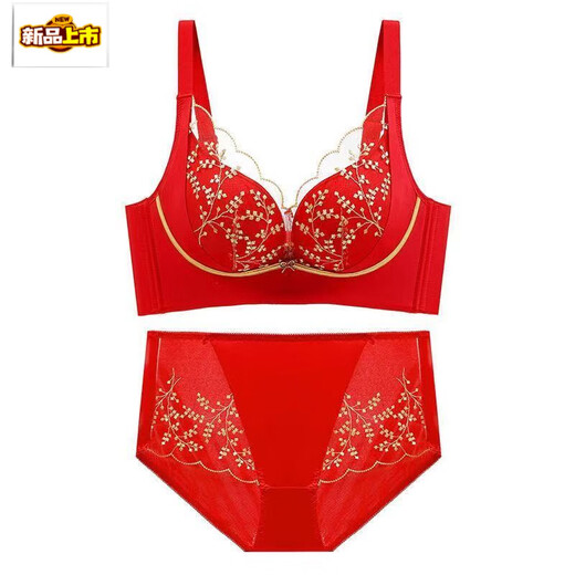 MORTEN SOLUM Big Brand New Sexy Wire-free Small Breast Gathered Lace Animal Year Big Red Women's Underwear Anti-sagging Bra Gray Blue (Set) 70A 32B Through Cup