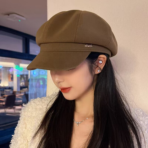 Wine Style Senior Korean Style Autumn and Winter Women's Beret Women's Octagonal Big Head Circumference Showing Face Small Fashionable Western Style Octagonal Hat Three-dimensional Black
