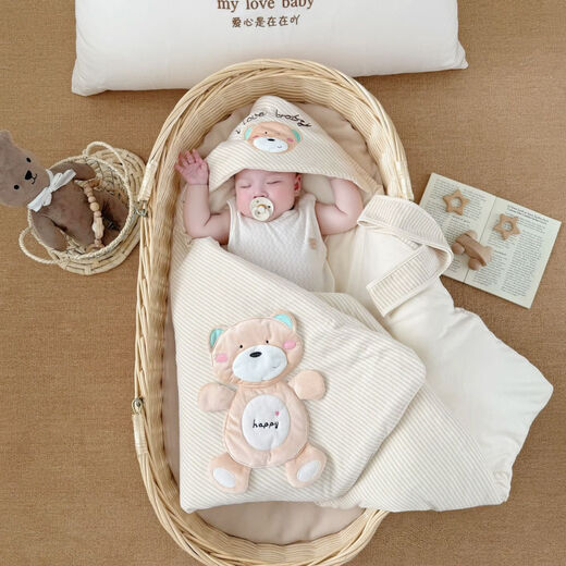 Baby colorful cotton quilt autumn and winter thickened and removable spring and summer thin newborn baby quilt newborn swaddle for four seasons happy bear coffee color four seasons double bile model (thin bile + thick bile) 98*98cm