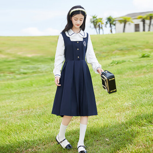 TVST light luxury brand children's clothing for girls and boys autumn new style dress fashionable and versatile girl suspender skirt for girls navy blue 130 cm