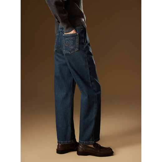 ELLE KIDS复古百搭弯刀休闲裤女童装女童冬季连腰保暖磨毛牛仔裤子