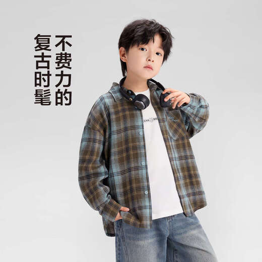 Zuoxi children's clothing boys' velvet plaid shirt 2025 new thickened warm shirt winter jacket brown 110