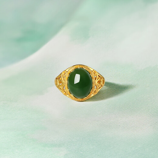 Saturday Fortune (ZLF) gold inlaid jade ring for women, full gold and Tian jasper ring, gift for mother, wife, size 15 (adjustable)