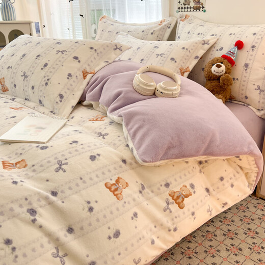 Hongdou ins autumn and winter bed four-piece milk velvet thickened double-sided flannel coral velvet bed sheet and quilt cover plus velvet three-piece set 4 Warm baby thickened warm milk velvet 1.5 fitted sheet four-piece set - suitable for 200*230cm quilt core
