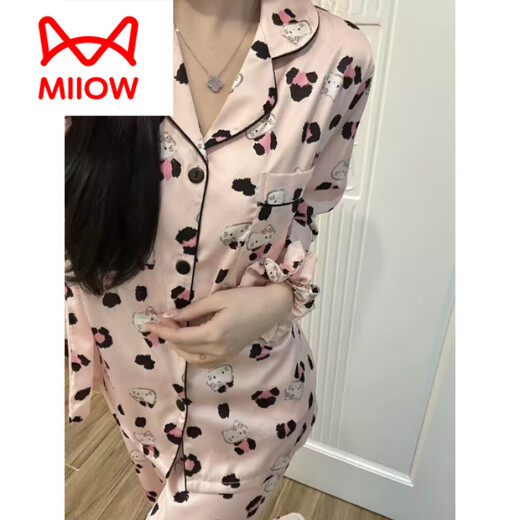 猫人（MiiOW）2025年夏季新款凯蒂猫睡衣女士长袖长裤开衫家居服两件套装新 834-3#双长黑色KT猫 XL