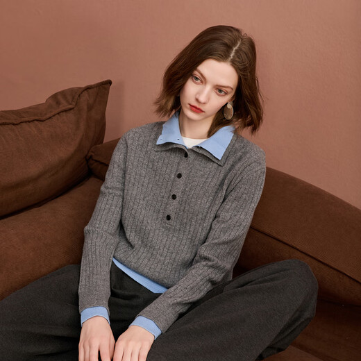 Sancai 2025 new winter sweater contrasting color lapel long-sleeved pullover sweater S