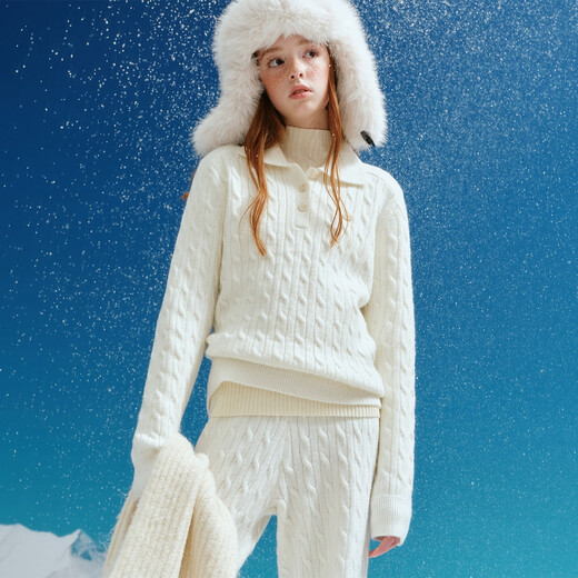 ELLE KIDS童装 学院经典绞花套装女儿童秋冬新款套头毛衣/针织长裤可选 本白色-上衣 150