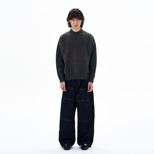 Oiro's shop American retro lazy high-end knitted Henley shirt men's letter printed green sweater couple trend medium gray M