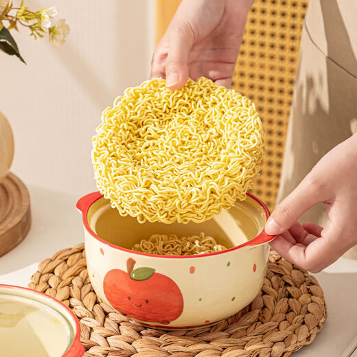 Ceramic instant noodle bowl with lid tableware student dormitory large capacity double-eared snail noodle bowl cute noodle bowl personal use 6-inch apple instant noodle bowl with lid