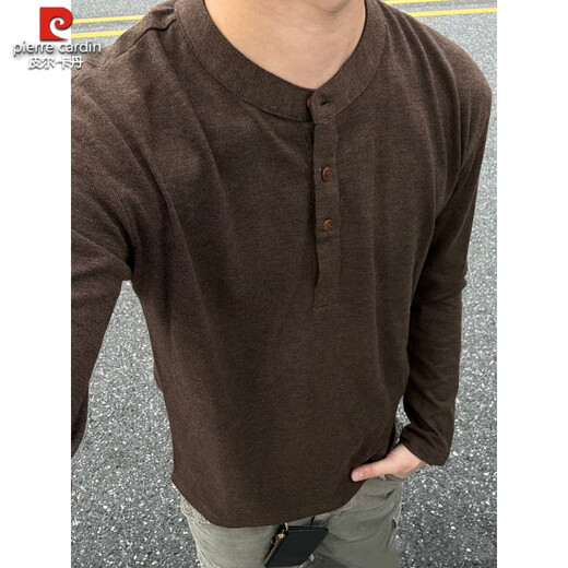 Pierre Cardin old money style Henley collar long-sleeved POLO shirt for men, autumn lazy style round neck sweatshirt with bottoming knitted T-shirt, brown M 90-110Jin Jin is equal to 0.5 kg