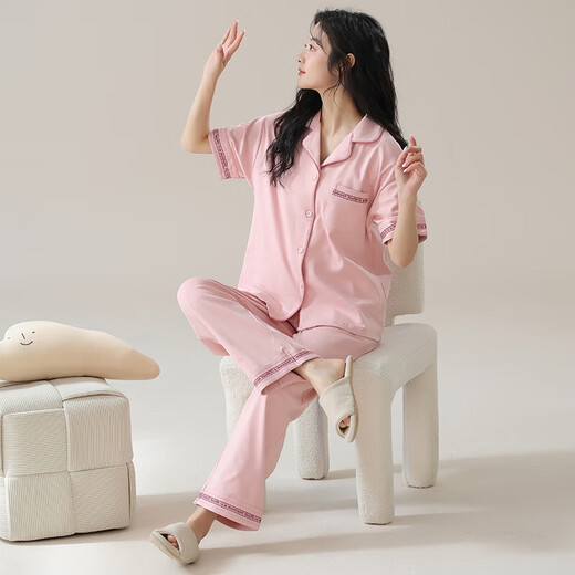 2025 New Pajamas Women Summer Short Sleeve Cotton Suit Cardigan Cute Summer Pants Cartoon Casual Season Home Clothes 9737 Pink XL 120-140Jin Jin is equal to 0.5 kg