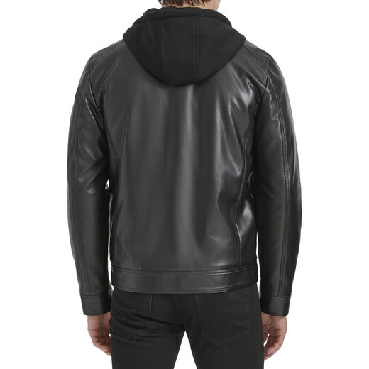 KENNETH COLE 男式人造皮革机车 带针织连帽 黑色 Medium