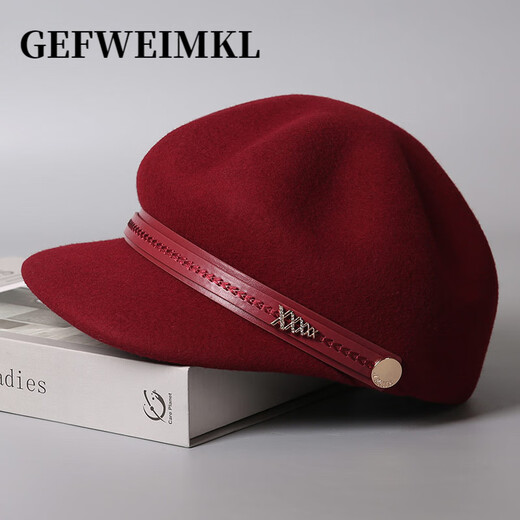 GEFWEIMKL retro pu belt equestrian hat women's autumn and winter merino wool felt hat versatile octagonal hat temperament peaked hat khaki adjustable (56-58cm)
