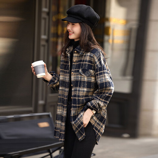 Awakening Paradise Winter Fashion Temperament Versatile Velvet Single-Breasted Thick Plaid Shirt Loose Slim Jacket Navy XL