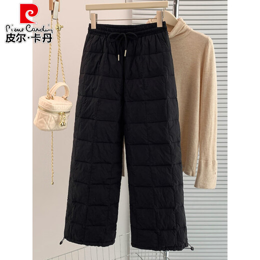 Pierre Cardin European Station Thickened Warm Down Cotton Pants Women's 2026 Winter Elastic High Waist Slim Straight Casual Padded Wide Leg Pants Off-white (small amount) XL recommended 125-140Jin Jin equals 0.5 kg