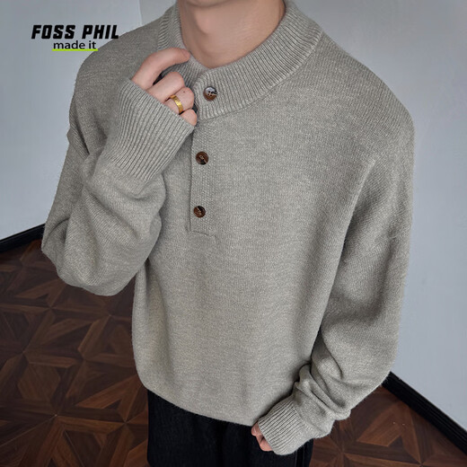 Foss Phil American Henry collar sweater for men in autumn and winter lazy style pullover loose coat sweater JM25821 floral gray L
