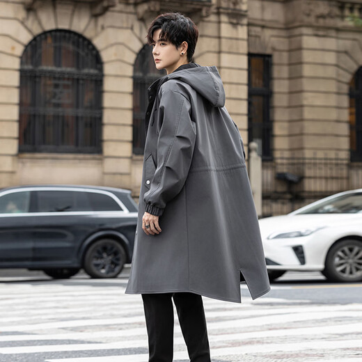 ROMON Men's Windbreaker Mid-Length Contrast Color Windbreaker Men's Hooded Coat Business Top Loose Over-the-Knee Jacket Black XL