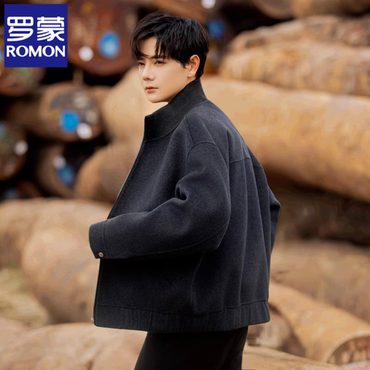 ROMON stand collar woolen woolen jacket men's short double-sided cashmere jacket 25 new style handsome loose casual autumn and winter dark gray XL
