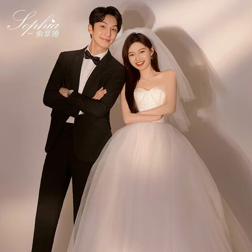 头纱新娘主婚纱领证求婚蓬蓬纱白色结婚素纱法式轻纱头饰拍照 (发梳)白色素纱云蓬约80cm