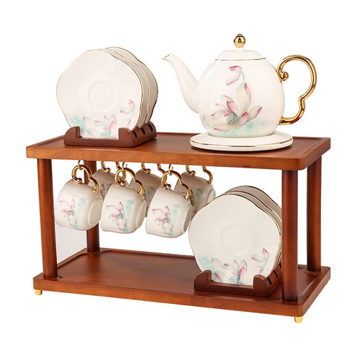 Pingxing Exquisite Afternoon Tea High-end Tea Set Bone China Tea Cup Water Set Teapot Water Cup 15 Lotus-Water Set (Including Wooden Frame Gift Box Assembled Greeting Card Design and Color