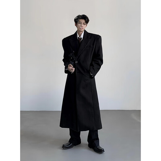 Du Xiaoxian British style black shoulder padded godfather coat men's autumn mid-length high-end cleanfit shoulder windbreaker jacket black regular XL recommended 120-140Jin Jin equals 0.5 kg