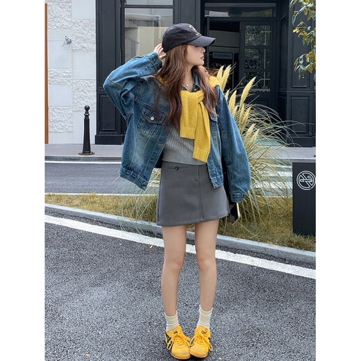 La Chapelle blue washed denim jacket for women 2025 autumn new fashion age-reducing design loose casual versatile jacket blue S 105Jin Jin is equal to 0.5 kg within