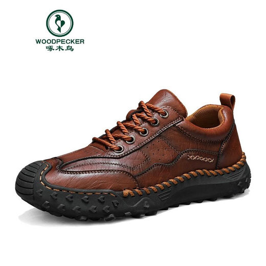 
Woodpecker high-end new style new handmade soft sole men's shoes spring casual shoes men's leather shoes flat large size loafers 9893 light brown 38