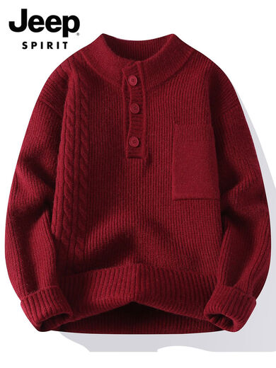 JEEP SPIRITJEEPSPIRIT Henry Collar Sweater Men's 2025 Autumn Trendy Loose Casual Youth Knitted Sweater Men 25663 Burgundy M