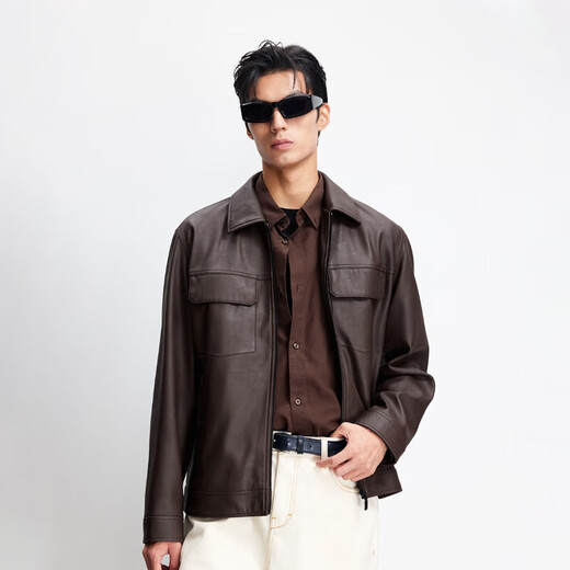 JACK&JONES 26th Men's Spring Jacket Men's Business Casual Jacket Solid Color PU Leather Commuting Multi-Pocket Jacket Top E09 Chocolate Brown First Batch M (175)