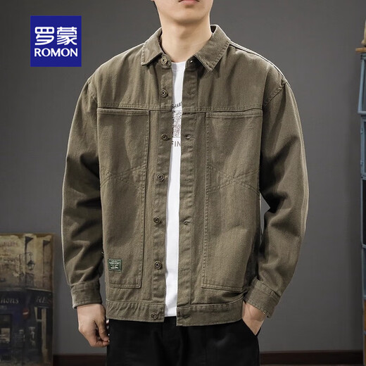 ROMON jacket men's 2025 new autumn and winter top pure cotton workwear loose large size spring casual lapel shirt jacket trend military gray L (suitable weight 120-140Jin Jin equals 0.5 kg)