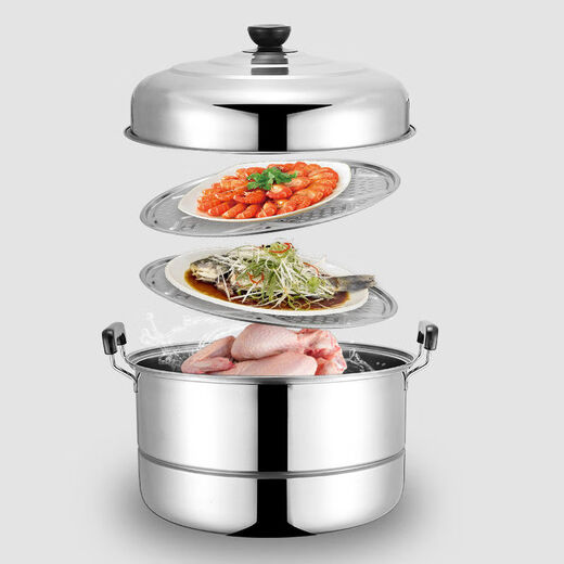 Jianyang stainless steel steamer large household thickened double-layer induction cooker gas stove pot steamed bun pot steamed bun pot steamed fish pot upgraded extra thick double layer 28cm extra height 28cm