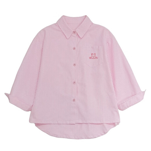 Girls pink shirt spring and autumn middle and large children pure cotton long-sleeved shirt children autumn thin coat girl plaid top pink Pocket Bear 120