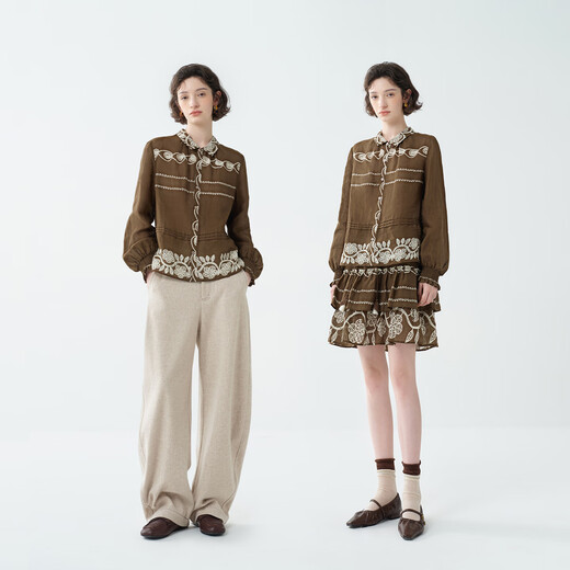 EIN PURE Makino flower shadow ramie print with fungus edge lantern sleeve shirt 2025 early autumn new style red S