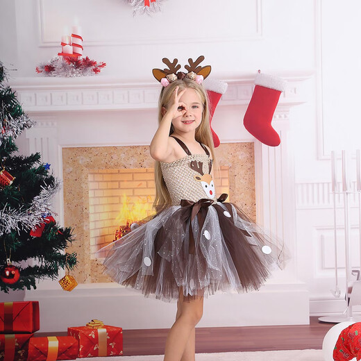 Christmas deer European and American children's elk performance princess skirt girls decoration holiday dress tutu skirt performance costume dark coffee dress 90 S (-105 cm)