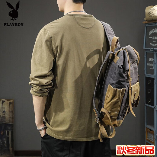 Playboy (PLAYBOY) 2025 new casual men's fashion long-sleeved T-shirt loose and thin spring and autumn trendy brand Henry collar bottoming shirt sweatshirt Gray M _ Recommended 86-100Jin Jin equals 0.5 kg