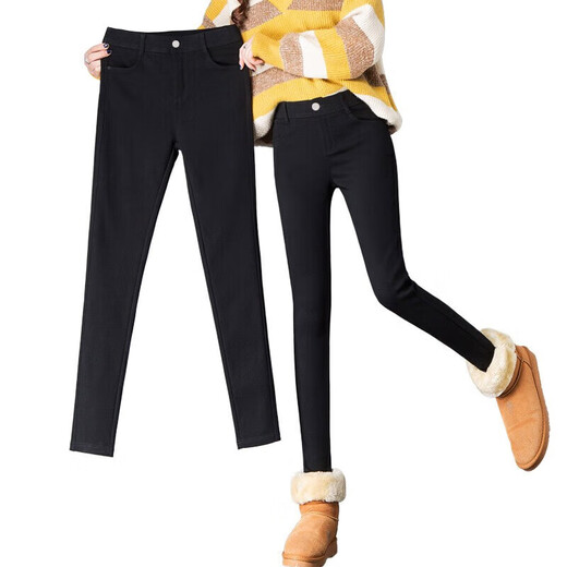Langsha leggings for women's outer wear in autumn and winter plus velvet high-waisted elastic tight-fitting leggings slim fit warm black pants pencil pants thick velvet style single button L recommended 105-115 Jin Jin equals 0.5 kg