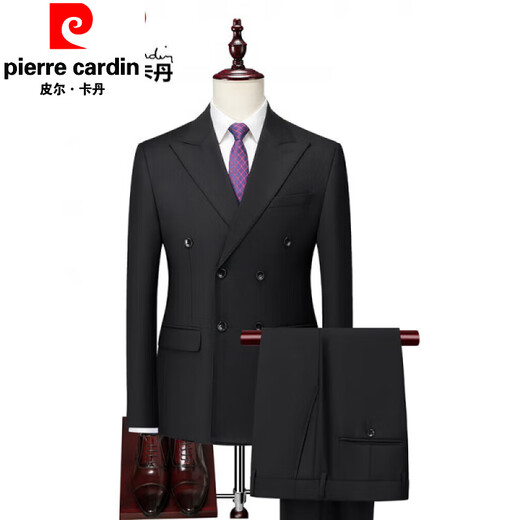 Pierre Cardin (pierre cardin) high quality large size suit men's business casual and stable double-breasted dinner dress suit and trousers two-piece set black two-piece suit suit trousers two-piece set M