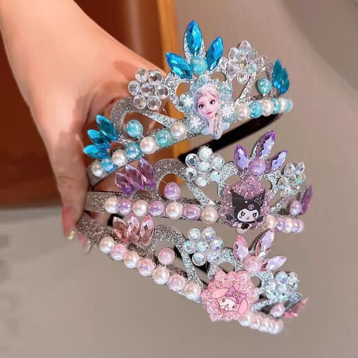 Indian (ENRMIIV) children's Princess Elsa Crown Headband Girls 2025 New Rhinestone Pearl Headband Little Girl Kuromi Headband Blue Elsa