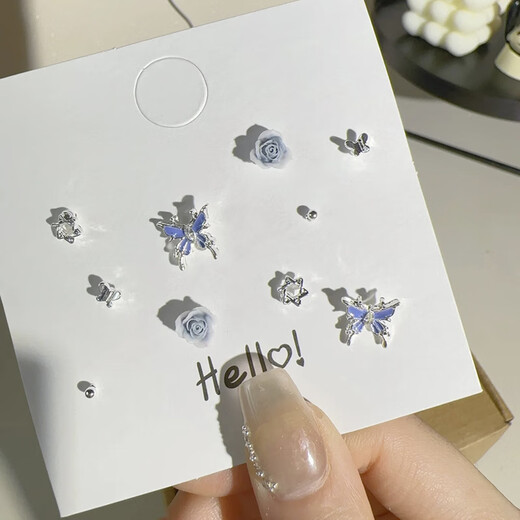 Bangboshi Super Fairy Butterfly One Week Earrings Simple and Versatile Niche Flower Season Girl Series Earrings Small and Sweet Jewelry One Week Earrings Exquisite Blue 5 Pairs